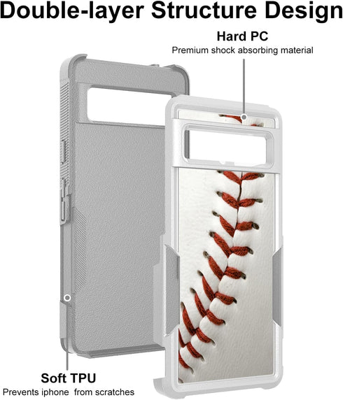 for Google Pixel 7, Baseball Sports White Pattern Shock-Absorption Hard PC and Inner Silicone Hybrid Dual Layer Armor Defender Case Protective Cov...