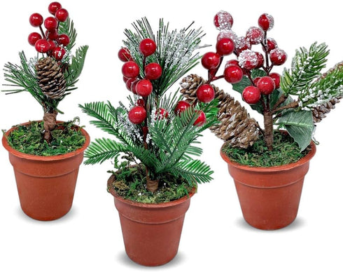 Christmas Tabletop Decorative Pots with Pine Red Berries Pine Cones Greenery - Set of 3 - Snow Flocked Xmas Holiday Decor - 7 1/2" Tall...