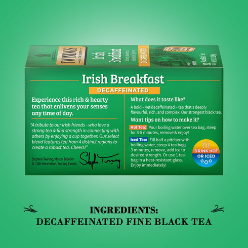 Twinings Irish Breakfast Tea, Decaf Tea Bags, Strong and Distinctive Black Decaffeinated Tea, 20 Individually Wrapped Tea Bags...