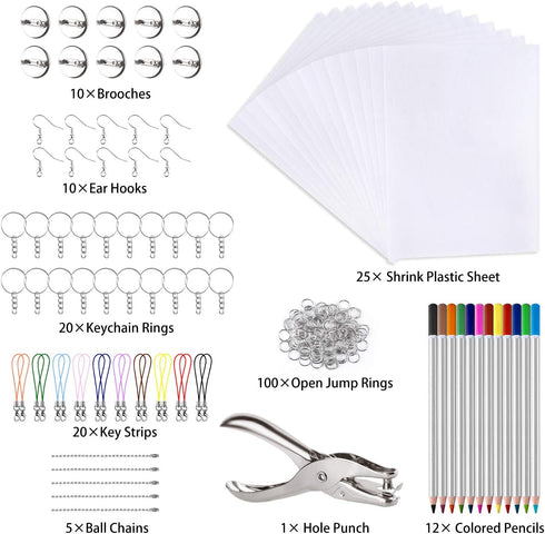 TUPARKA 203 Pcs Heat Shrink Plastic Sheet Kit, 25 Sheets Shrink Film Art Paper, Rolling Mills, Colored Pencils and 165 Pieces Key Rings and Jewelr...