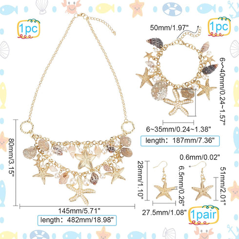 PH PandaHall 3 in 1 Mermaid Jewelry Set Sea Shell Starfish Jewelry Pearl Bib Statement Chunky Mermaid Tail Necklace Bracelets Shell Earrings Summe...