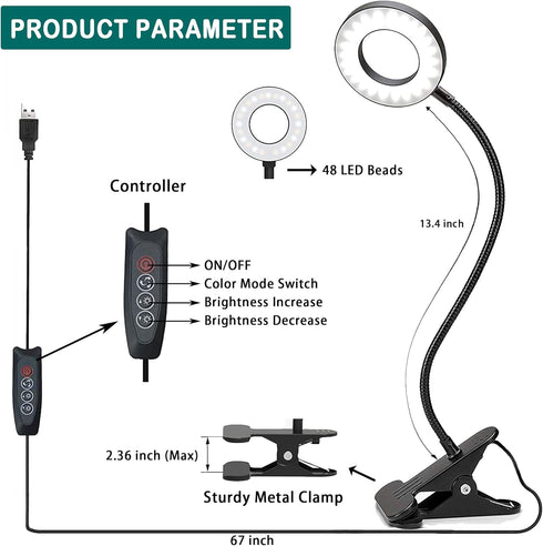 Foneso Desk Lamp Clip on Light with Adapter, 48 LED Reading Lamp with USB Charging Port, 3 Color Mode 10 Brightness Levels, Flexible Gooseneck, Me...