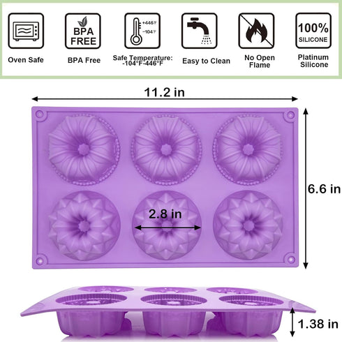 Mini Bundt Cake Pan 3pcs Silicone Fluted Tube Cake Pans, 6Cavity Heritage Bundtlette Cake Silicone Mold for Baking Non Stick Fancy Molds (Purple+B...