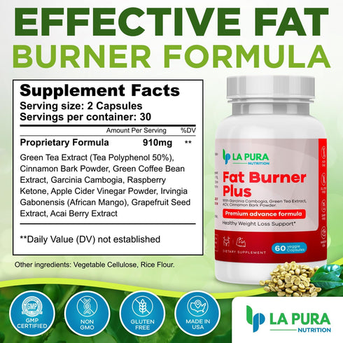 LaPura Fat Burner Plus, 60 Capsules - Weight Loss Support, Appetite Suppressant, Energy Booster, Premium Formula - Green Tea & Green Coffee Bean E...