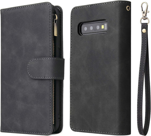 UEEBAI Wallet Case for Samsung Galaxy S10 Plus, PU Leather Wallet Magnetic Closure Handbag Zipper Pocket Cover Kickstand Card Slots with Hand Stra...