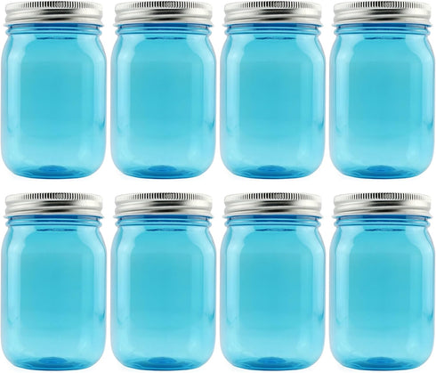 Cornucopia Brands 16oz PLASTIC Mason Jars (8-Pack, Blue w/Silver Metal Lids); PET BPA-Free Mason Jars w/One Piece Lids, 2-Cup/Pint Capacity...