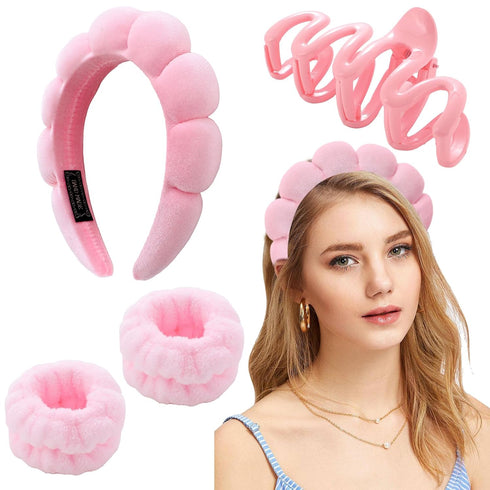 spa headband for washing face Pink set with 1 makeup headband & hair claw clips & 2 wrist band for women make up cute fluffy skincare headband chr...