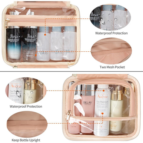 CUBETASTIC Travel Toiletry Bag, Portable Makeup Bag with Hanging Hook Waterproof Cosmetic Organizer Case 3 Compartment Leather Pouch for Toiletrie...