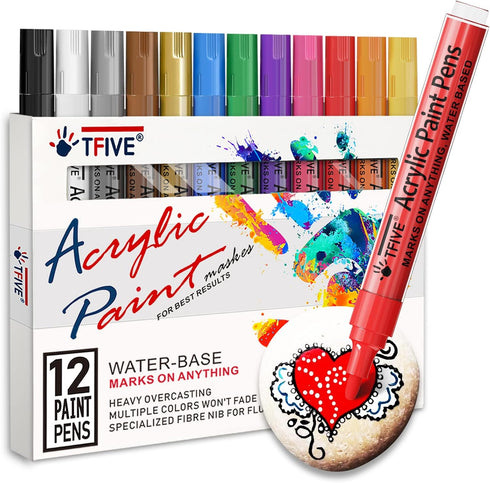 TFIVE Paint Markers Paint Pens - 12 Color Premium Medium Point Acrylic Paint Marker Pens for Rocks Painting, Metal, Ceramic, Glass, Wood, Fabric, ...