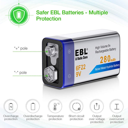 EBL 9V Rechargeable Batteries NiMH Everyday 280mAh 9V Battery for Smoke Alarm Detector, 4-Packs...