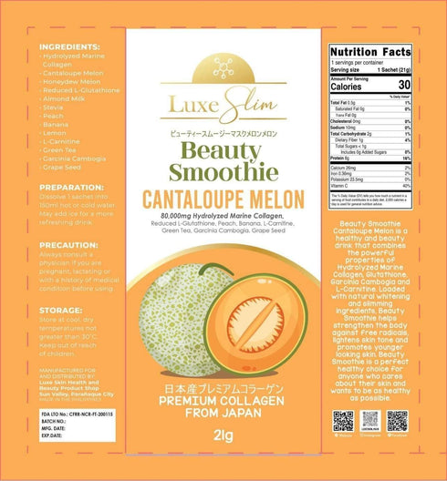 Beauty Smoothie Cantaloupe Melon, 80,000mg Hydrolyzed Marine Collagen, 21gx10 Sachets, 7.4075 Ounce...