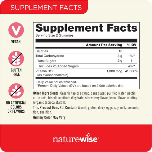NatureWise Vitamin B12 Gummies for Adults, 1000 mcg - Strawberry Lemon Flavor - Supports Daily Energy, Mental Clarity, Cognitive Function - Vegan,...