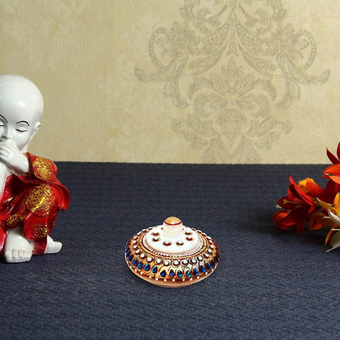 Kumkum Sindoor Dani Dabbi Holder in Marble Embellished with Rich Blue Kundans...