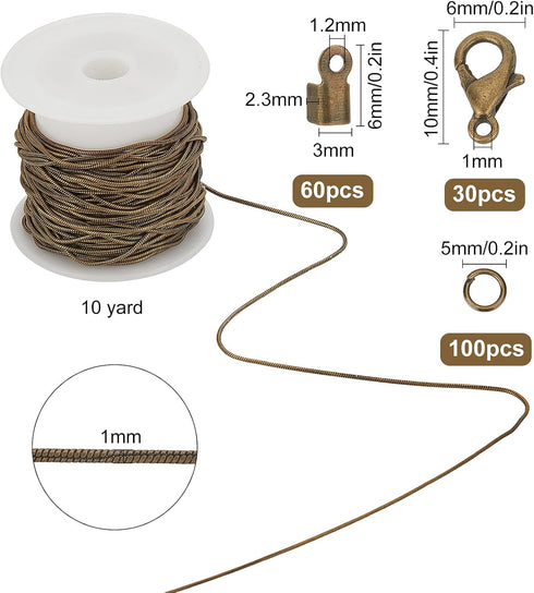 SUNNYCLUE 10 Yard Necklace Chains Jewelry Making Kit Round Snake Antique Bronze Cable Chain Lobster Claw Clasps Cord Ends Jump Rings for Women Adu...