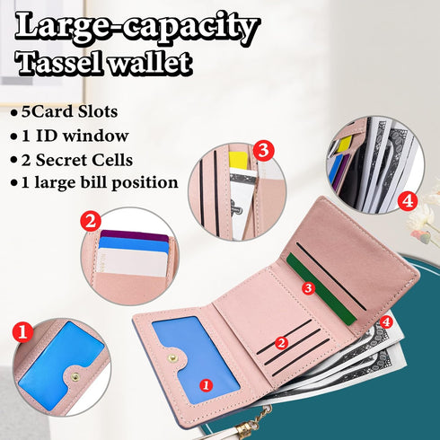 Wallet for Women, Cute Tri-Fold Women's Wallets 7 Card Slots, Pu Leather Womens Card Wallet with Tassel, 1 Visible ID Window, 1 Bill Compartment, ...
