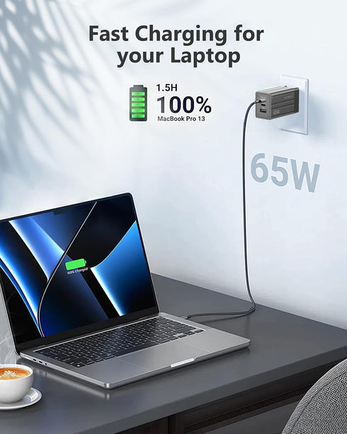 USB C Wall Charger, GECENinov 65W GaN Charger Block, 3-Port Fast Charging Block with 5ft Cable for MacBook Pro/Air, i-Pad, i-Phone 14/13/12, Galax...