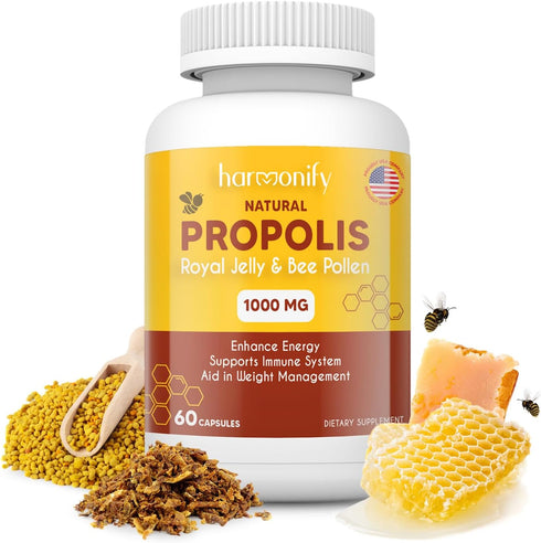 Bee Pollen Propolis Royal Jelly Extract with Carob, Pure Immune Support Supplement, Gluten-Free, Vegetarian Capsules, 1000 mg...