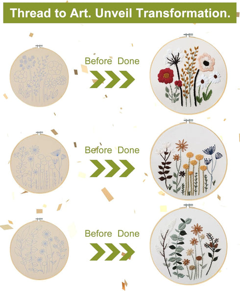 Santune 3 Sets Embroidery Kit,Cross Stitch Kits for Beginners,Needlepoint Kits for Adults with Easy Stamped Floral Pattern Fabric Hand Crafts,Hoop...