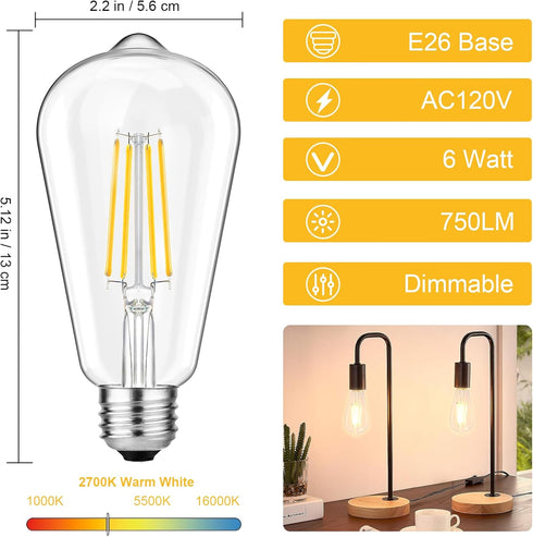 Svater 4-Pack Vintage LED Edison Bulbs 60W Equivalent, 6W ST58 2700K Warm White Antique LED Filament Bulbs, E26 Medium Base, Clear Glass Style for...