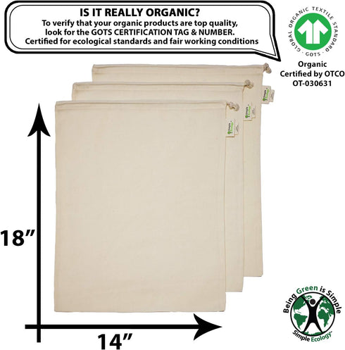 Reusable Grocery Produce Shopping and Storage Bags, Organic Cotton Muslin, XLarge 3 pack...
