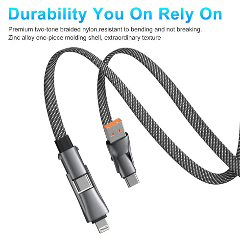 4 in 1 Multi Charging Cable, PD 60W Fast Charging USB C Multi Charger Cable, Zinc Alloy Flat Braided with Velco Strap Charging Cords for Multiple ...
