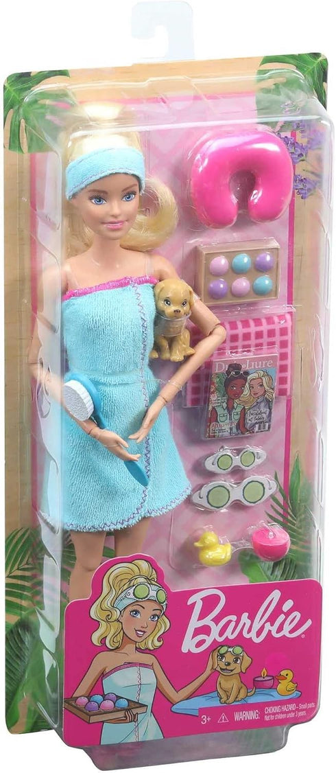 Barbie Spa Doll & Playet with Puppy & 9 Accessories Including Rubber Duck & Cucumber Eye Masks, Blonde Fashion Doll in Wrap Towel...