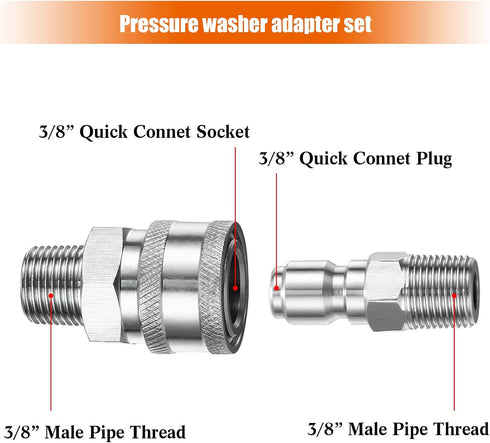 2 Sets NPT 3/8 Inch Stainless Steel Male and Female Quick Connector Kit Pressure Washer Adapters (External Thread)...