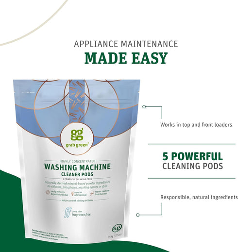 Grab Green Washing Machine and Dishwasher Cleaner Pods - Fragrance Free, 5 Cleaning Pods...