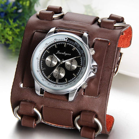 JewelryWe Black Brown Hip-hop Gothic Punk Style Men Watch Wide Leather Fashion Cuff Wristwatch...