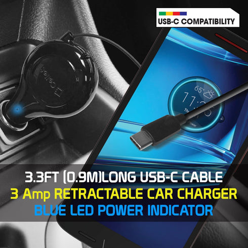 Retractable USB-C Fast Car Charger Compatible for Apple iPhone 15, Samsung Galaxy Smartphones, Google Pixel iPad, iPad Air, iPad Pro, iPad Mini wi...
