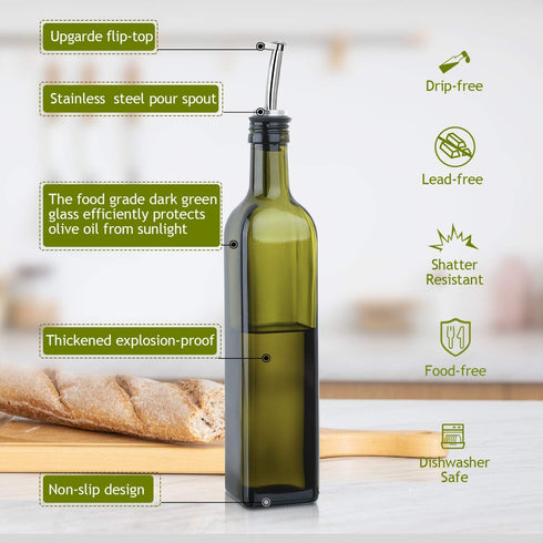 AOZITA Glass Olive Oil Dispenser Bottle Set - 500ml Dark Green Oil & Vinegar Cruet Bottle with Pourers, Funnel and Labels - Olive Oil Carafe Decan...
