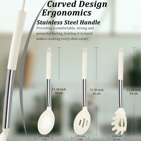 Silicone Spoons for Cooking Kitchen Serving Spoon Set of 3 for Nonstick Cookware Slotted Solid Spoon Pasta Spaghetti Server Stainless Steel Handle...