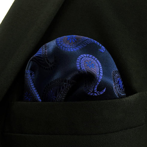 SHLAX&WING Navy Paisley Mens Pocket Square Silk Hanky Business Dark Blue...