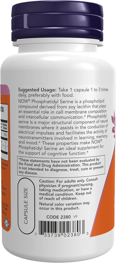 NOW Supplements, Phosphatidyl Serine 100 mg with Phospholipid compound derived from Soy Lecithin, 60 Veg Capsules...