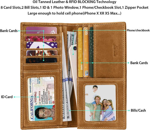 Itslife Men's RFID Vintage Look Genuine Leather Long Bifold Wallet Checkbook Wallets for Men...