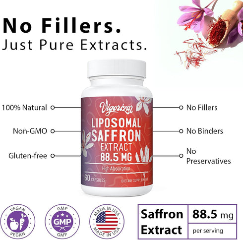 Liposomal Saffron Supplements - 100% Pure Saffron Extract 88.5 mg, Better Bioavailability - 60 Veggie Capsules, Made in USA...