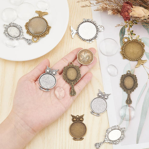 SUNNYCLUE 24Pcs DIY 12 Sets Pendant Bezel Blanks Cabochon Base Setting Bezel Frame Pendant Tray Vintage Owl Cabochon Blanks Mirror Shaped Cabochon...
