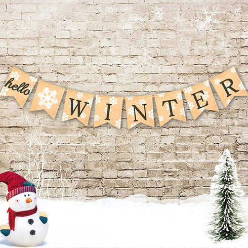 Burlap Hello Winter Banner Snowflake Winter Holiday Bunting Garland Decoration...