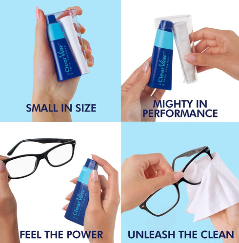 Clear View Lens Cleaner Kit - Travel Size, Integrated Cloth and Cleaner Combination Kit. Compact and Portable, Refillable, Safe for All Lenses, Le...