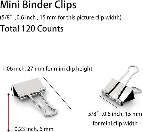 Silver Binder Clips Mini Metal Clamp 5/8-IN / 0.6-inch / 15-mm (Silver Mini 120-PCS)...
