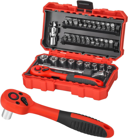 35 Pieces 1/4 inch Drive Socket Ratchet Wrench Set, Mini Ratcheting Wrench with Bit Socket Set Metric and Extension Bar for Auto Repairing...