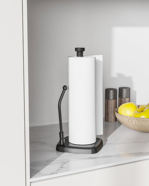 Paper Towel Holder Countertop Black, Paper Towel Dispenser Standing Weighted Base Non-Slip, Spring Arm Fit Most Size Paper Roll, Stainless Steel P...