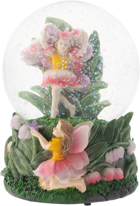 Elanze Designs Bell Flower Fairy Friends 100MM Sturdy Wind Up Musical Glitter Water Snow Globe Tabletop Dresser Nightstand Figurine Decoration Pla...