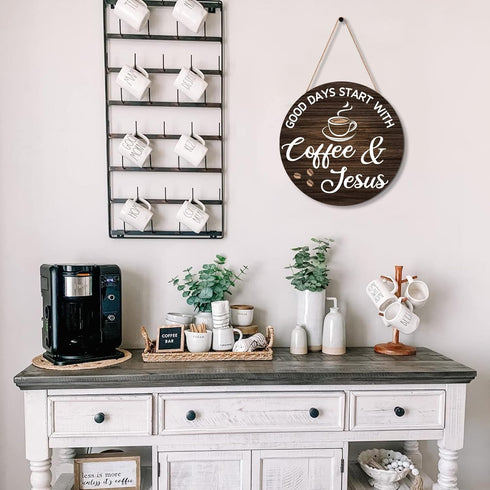 HMASYO Wood Coffee Signs, Good Days Start with Coffee & Jesus, Wood Farmhouse Wall Sign Bar Decor for Kitchen, Home, Office, Cafe Station Housewar...