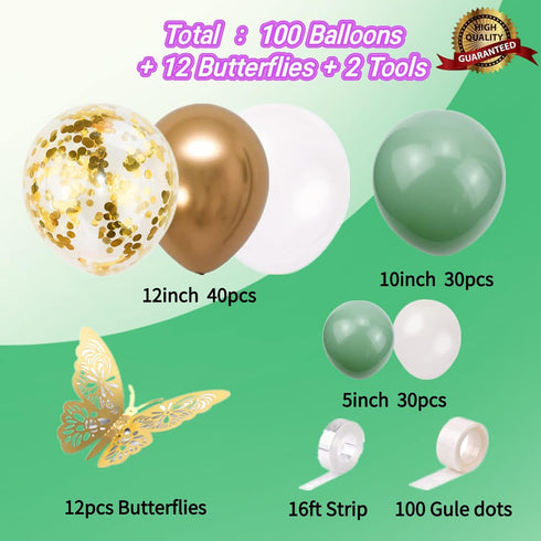 Green Balloon Garland Kit with Sage and Olive Balloons - 112pcs Sage Green Balloons with Gold Butterfly for Weddings, Baby Showers, Birthdays, and...