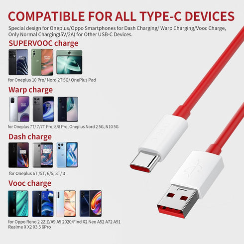 Jelanry OnePlus SUPERVOOC/Warp Charging Cable 65W 80W, 2Pcs 3.3FT USB Type C Cable Dash Charging Cable Rapid Data Syncing Fast Charger Cable for O...