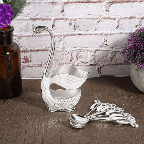 Coffee Spoon Stand, Decorative Swan Base Holder Metal Coffee Dessert Dinner Set Teaspoon Fruit Dessert Flatware Swan Base Holder (silvery white)...