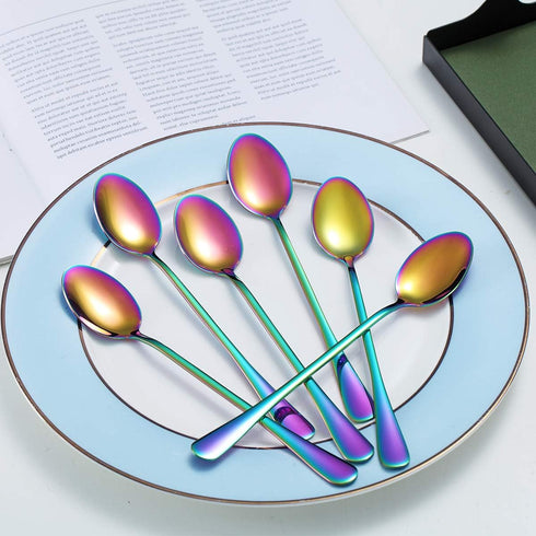 Rainbow Iced Tea Spoons, Kyraton Stainless Steel 7.5" Long Handle Mixing Spoon With Colorful Titanium Plating, Coffee Spoons, Stirring Bar Spoon, ...