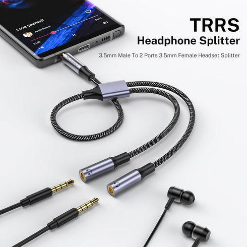 MOSWAG Headphone Mic Splitter 3.5mm Headset Y Adapter 2 Female to 1 Male 3.5mm Jack Cable, Mic Audio Splitter, Headset Splitter Cable with Separat...