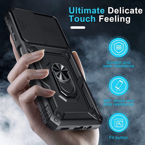 Janmitta Compatible with Galaxy A25 5G Case Built in Slide Camera Lens Cover+Screen Protector+Finger Ring Holder Kickstand,Heavy Duty Shockproof F...